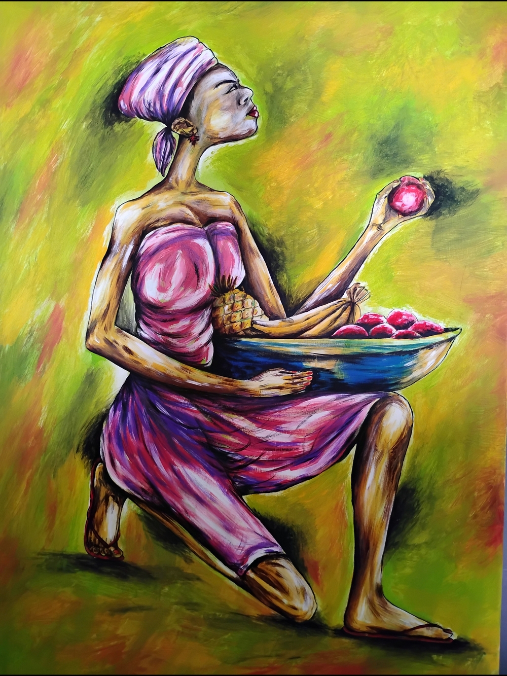 Hand-Painted Woman with Fruit Canvas Art - Pink & Green